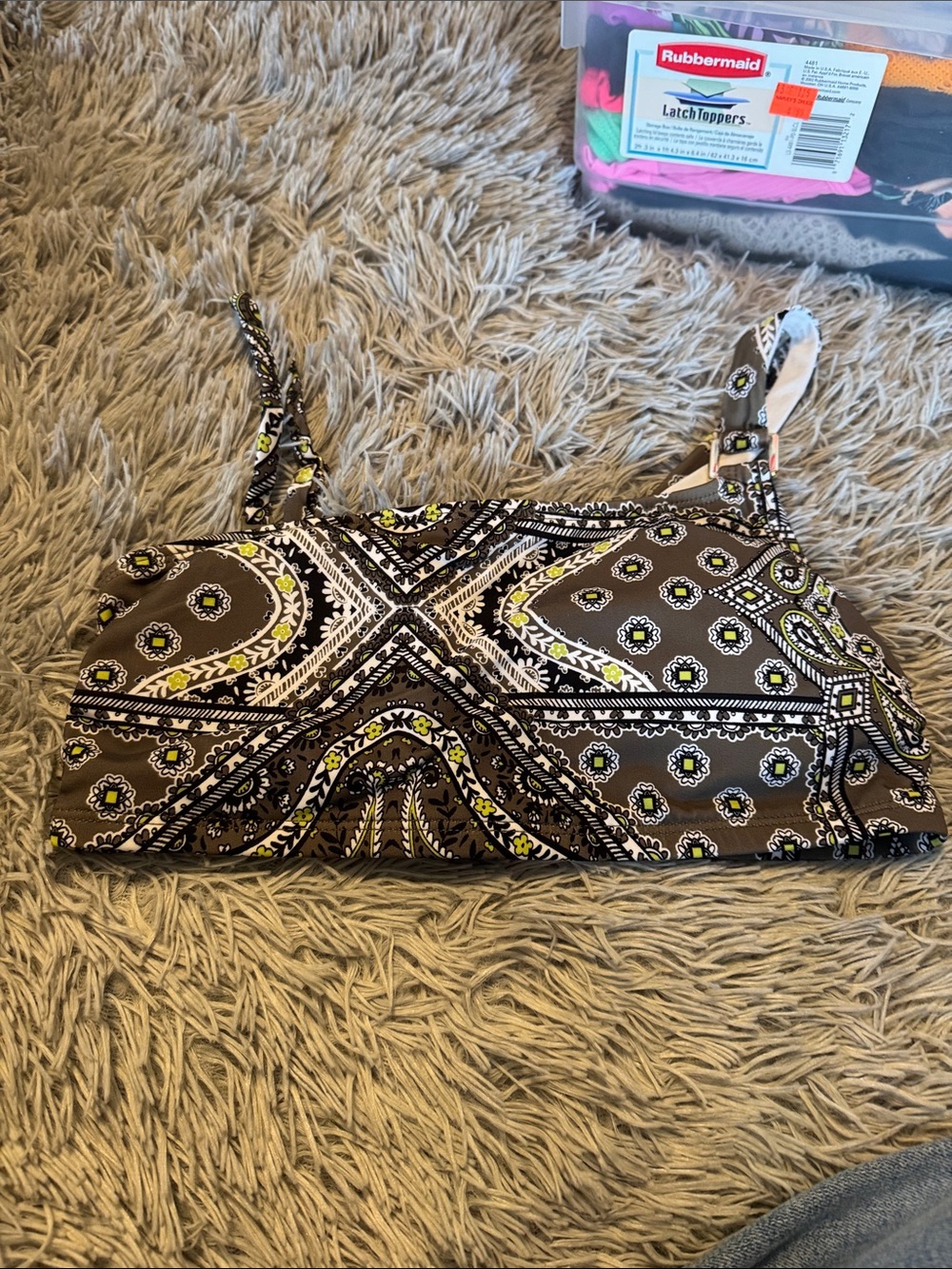Paisley-Print Swim Crop Top in Olive Green and Black